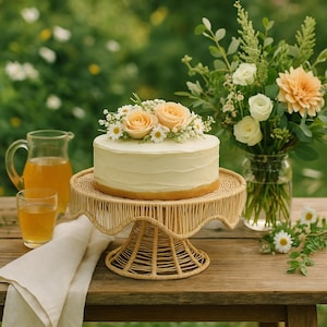 Handmade Woven Iraca Palm Cake Stand: Boho Wedding Dessert Pedestal