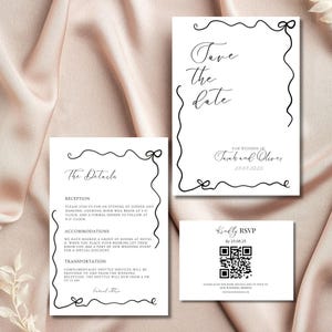 Minimalistische huwelijksuitnodigingbundel QR-code, moderne uitnodigingssuite, minimale uitnodigingssjabloonset, kaart met details, elegante online RSVP