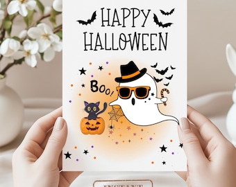 Printable Halloween Card, Instant Download Card For Halloween, Cute Pumpkin Card, Fun Happy Halloween Card, Ghost Halloween Card