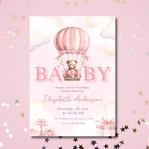 Pink Baby Shower Invitation, Editable Teddy Bear Baby Shower Invitation, Girl Baby Shower Invite, Balloon Bear Shower, Bear Balloon
