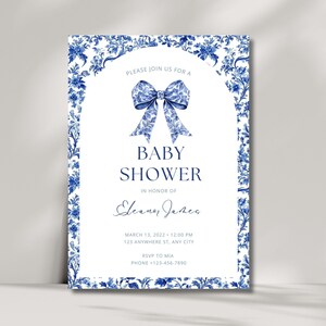 Toile de Jouy Baby Shower Invitation, Blue Floral Baby Shower Invite, Elegant Garden Party Baby Shower Invite Template