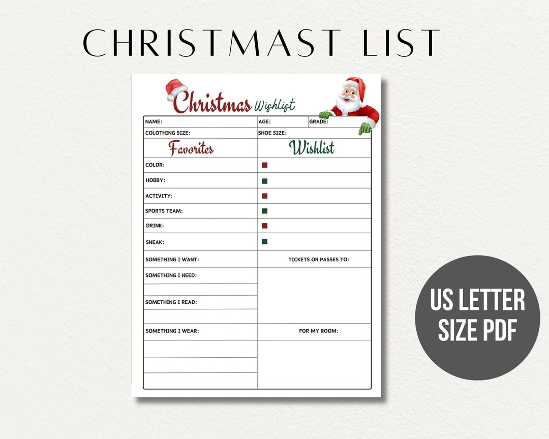 Printable Kids Christmas Wish List, Children's X-mas Wish List, Instant ...