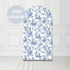 Fondo de Pascua con toile de Jouy chinoiserie, elegante decoración de baby shower con toile floral azul, accesorio para fiesta de toile con globo aerostático de Pascua