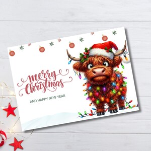 Cartão de Natal da vaca das terras altas, cartão engraçado de feliz Natal, cartão de férias divertido, cartão de felicitações de Natal, cartão de Natal para impressão