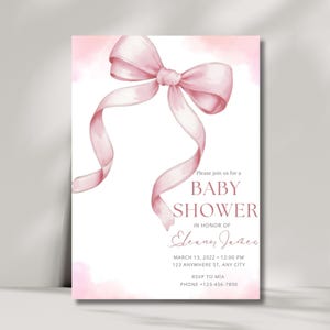 Editable Pink Bow Invitation for Baby Shower | Pink Watercolor Ribbon Baby Shower Invite | Blush Pink 1st Birthday Digital Template