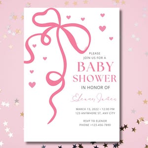 Pink Bow Baby Shower Invitation Template Printable, Pink Coquette Baby Shower Invite, Baby Shower Invitation Girl Coquette Bow, Baby Girl