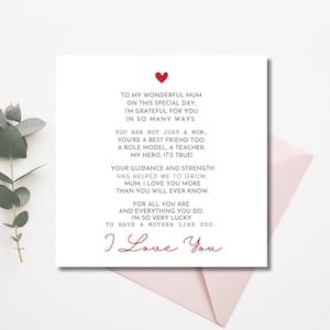 Carte poème maman pour la fête des mères, carte numérique bonne fête des mères, cadeau maman je t'aime, carte imprimable fête des mères, carte poème