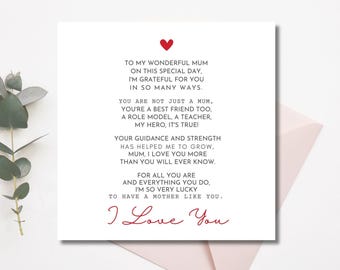 Carte poème maman pour la fête des mères, carte numérique bonne fête des mères, cadeau maman je t'aime, carte imprimable fête des mères, carte poème