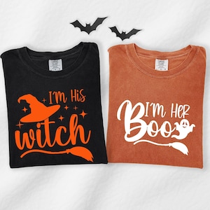 I&#39;m His Witch I&#39;m Her Boo Couple Halloween Shirts, Matching Halloween Shirts For Couples, Cute Fall Ghost Witch Shirt Set, Comfort Colors