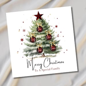 Gepersonaliseerde kerstboomkaart, vrolijk kerstfeest voor een speciale familie, aangepaste familienamen, gepersonaliseerde kerstfamiliekaart