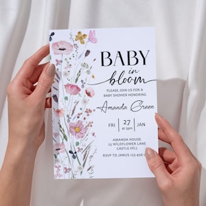 Baby in Bloom Invitation, Floral Baby Shower Invite, Spring Summer Baby Shower Template, Watercolor Wildflower Baby Shower, Digital Download