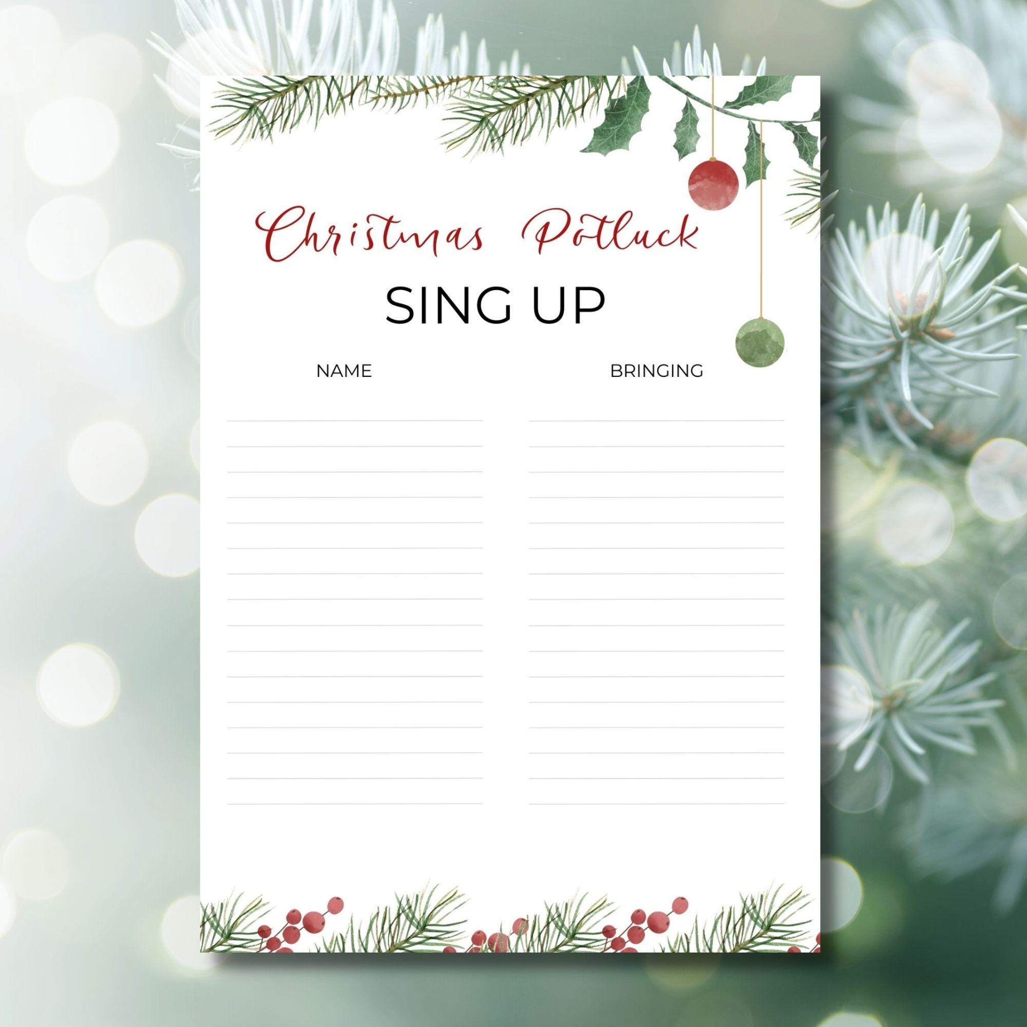 Printable Potluck List, Christmas Potluck Sign up Sheet, Potluck Party ...