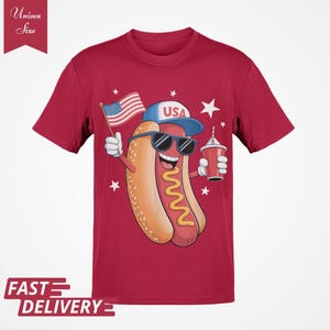 面白い独立記念日ホットドッグTシャツ、愛国的なアメリカグラフィックTシャツ、国旗付き漫画ホットドッグ、夏のバーベキューユーモアTシャツ、独立記念日ギフト