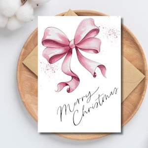 Rosa Schleife Frohe Weihnachten Karte, Weihnachtskarte Kokette, Druckbare Weihnachtskarte, Minimalistische Weihnachtskarte, Frohe Weihnachten, digitaler Download