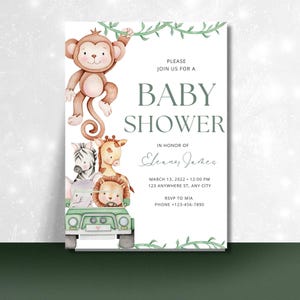 Editable Safari Baby Shower Invitation Template, Gender Neutral Safari Animals Party Invite, Baby Jungle Invite, Instant Download