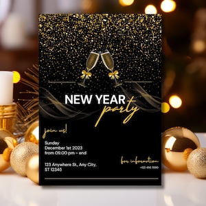 Silvester Party Einladung Printable Gold Glitter Silvester einladen 2025 Urlaub Party Einladung Bearbeitbar Party einladen Canva Download
