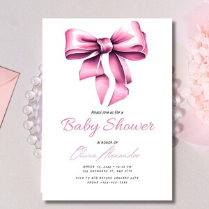 Pink Bow Baby Shower Invitation Template, Pink Coquette Baby Shower Invite, Printable Invite, Baby Shower Invitation Girl Coquette Bow