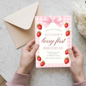 Pink Bow Berry First Birthday Invitation Template, Printable Girl Strawberry First Birthday Invite, Editable Berry Theme Party Invitation
