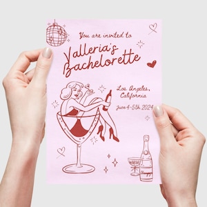 Modèle d'Invitation EVJF dessiné main, invitation fête funky rétro lunatique poules, EVJF rose rouge modifiable