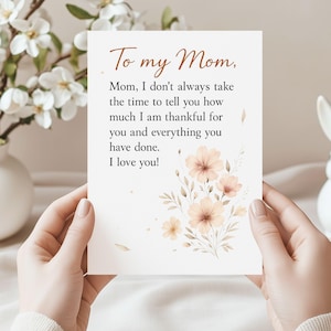 Mother’s Day Card Printable, To My Mom Card, Floral Mother's Day Card, 5x7 Inch Digital Download, PDF JPG Instant Download Card
