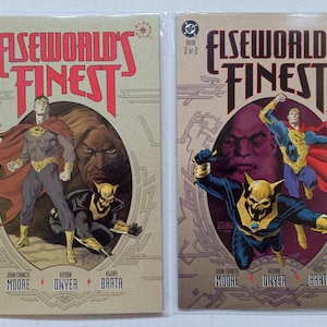 May include: Two comic books, "Elseworlds' Finest," feature illustrations of superheroes and villains. The covers have a vintage aesthetic with a tan background and bold red lettering. The first book shows Superman and a villain, while the second features a different action scene.