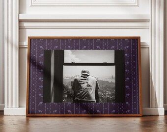 Floral Striped Photo Frame Mat: Maximalist Wall Art Print, Customizable Template (Plum Purple Flower Pattern) Digital Print