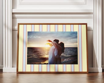 Striped Photo Frame Mat: Maximalist Wall Art Print, Customizable Template (Butter Yellow, Baby Blue, & Coral Multi Striped) Digital Print