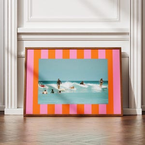 Bold Striped Photo Frame Mat Wall Art Print, Customizable Template, Trendy Maximalist Aesthetic, (Pink Orange Chunky Striped), Digital Print