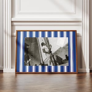 Striped Photo Frame Mat Wall Art Print, Customizable Template, Maximalist Aesthetic - (Navy Blue & White Multi Striped) - Digital Print