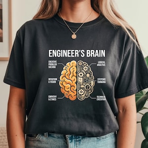May include: Black t-shirt with the text "ENGINEER'S BRAIN" and a graphic of a brain split into two halves. One side shows a brain, the other side shows gears and mechanical components. The shirt also lists key engineering skills.