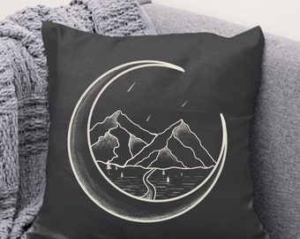 Hand Drawn Crescent Moon Desert Accent Pillow, Dark Boho Home Decor, Unique Home decor