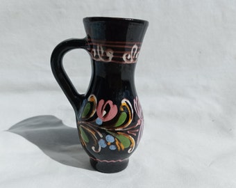 Folk Ceramic Hungary Miniature Black Jug, Folk Flower Motif Vase