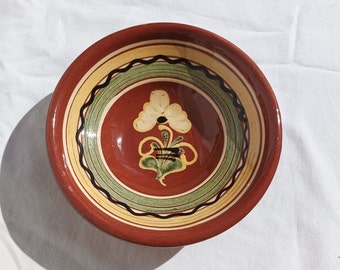 Traditional Hungarian Folk Vintage Ceramic Plate With Folk Flower Motif, Brown Glazed Plate