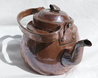 Antique Folk Copper Teapot, Brass Teapot, Rural Vintage Teapot