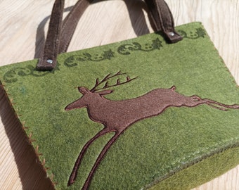 Felt Handbag With Deer Motif, Bag With Forest Atmosphere , Green And Brown Felt Handbag