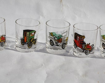 Motif voiture classique vintage, lot de 4 verres courts, verres rétro avec voitures anciennes,