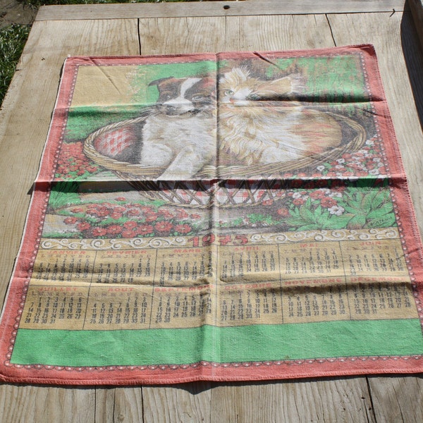 1975 Vintage Textilkalender, Kalender Geschirrtuch, Textilkalender mit Hund und Katze Motiv