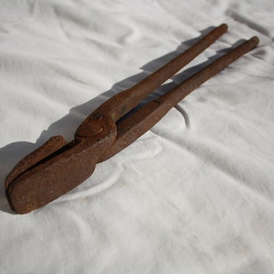 Antique Blacksmith Tongs, Blacksmithing Tool, Rustic Hand Tool, Primitive Hand Forged Iron Duck Bill Tongs