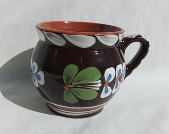 Vintage Traditional Hungarian Brown Glazed Jug, Ceramic Flower Motif Jug, Ceramic Folk Pitcher