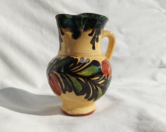 Vintage Traditional Hungarian Yellow Glazed Jug, Ceramic Flower Motif Jug, Ceramic Folk Pitcher,