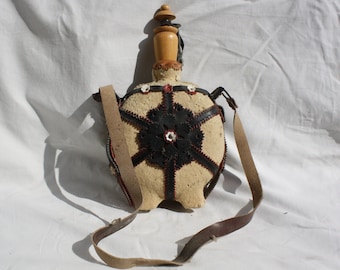 Wooden Folk Water Bottle, Vintage Wooden Flask, Folk Art Wooden Flask, Buckskin Water Bottle