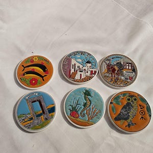 Handmade Greece Coasters, Set Of 6 Ceramic Coaster, Handmade Embossed Painted Drink Coaster
