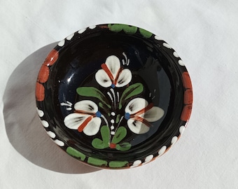 Traditional Hungarian Folk Vintage Ceramic Plate With Folk Flower Motif, Black Glazed Plate