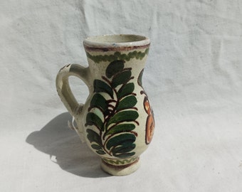 Vintage Folk Korond Glazed Jug, Folk Mood Vase With Flower Motif, Ceramic Folk Pitcher