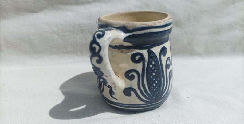 Traditional Folk Vintage Ceramic MugWith Folk Flower Motif, Folk Korond Glazed Jug With Tulip Motif, Little Folk Pottery image 1