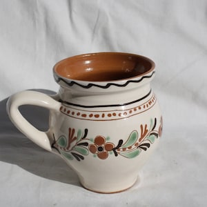 Vintage Traditional Hungarian White Glazed Jug, Ceramic Flower Motif Jug, Ceramic Folk Pitcher,