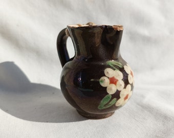 Folk Ceramic Hungary Miniature Brown Jug, Folk Flower Motif Vase