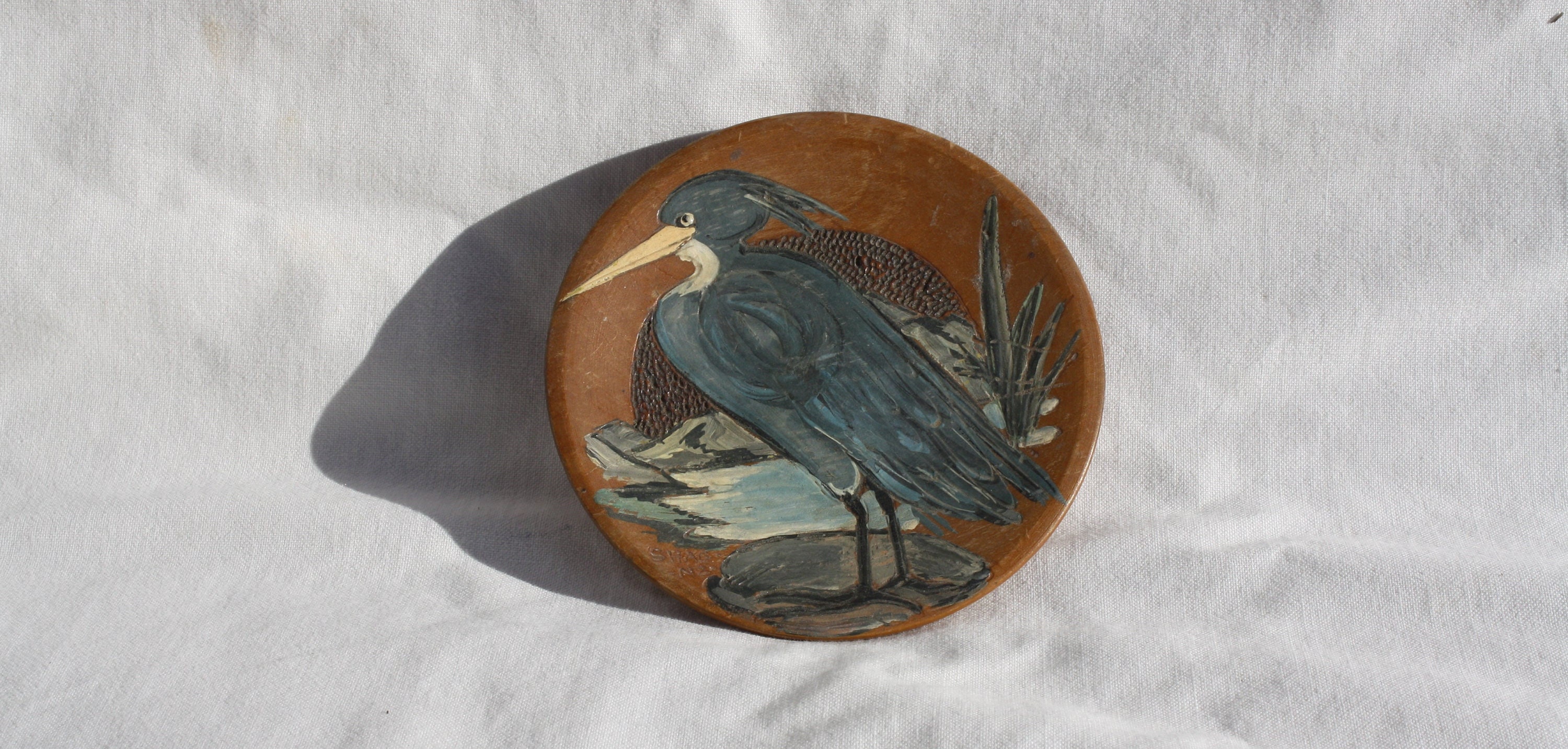 Vintage Bird Scene Wall Plate, Little Rural Wooden Plate
