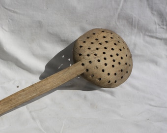 Antique Wooden Colander Spoon, Primitive Wooden Spoon Strainer