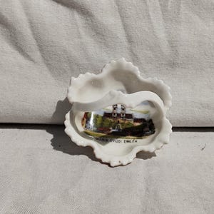 Vintage  Small Basket With  Church Motif, Little White Glazed Pottery,  Miniature Ceramic Basket